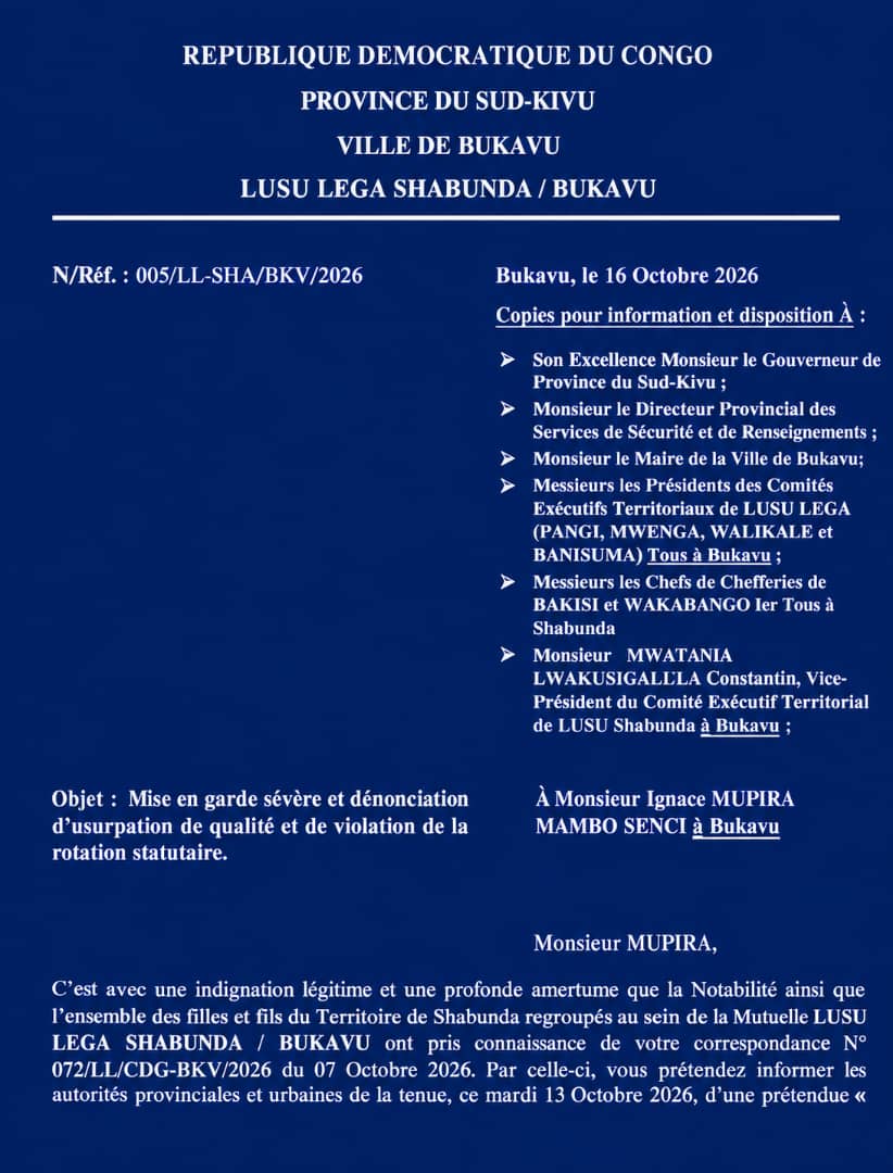 Lusu Lega asbl : la notabilité de Shabunda conteste l'investiture d'un président issu de son territoire